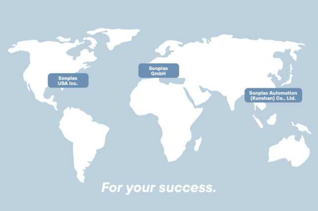 Weltkarte mit markierten Standorten der Sonplas-Gruppe in Deutschland, den USA und China.