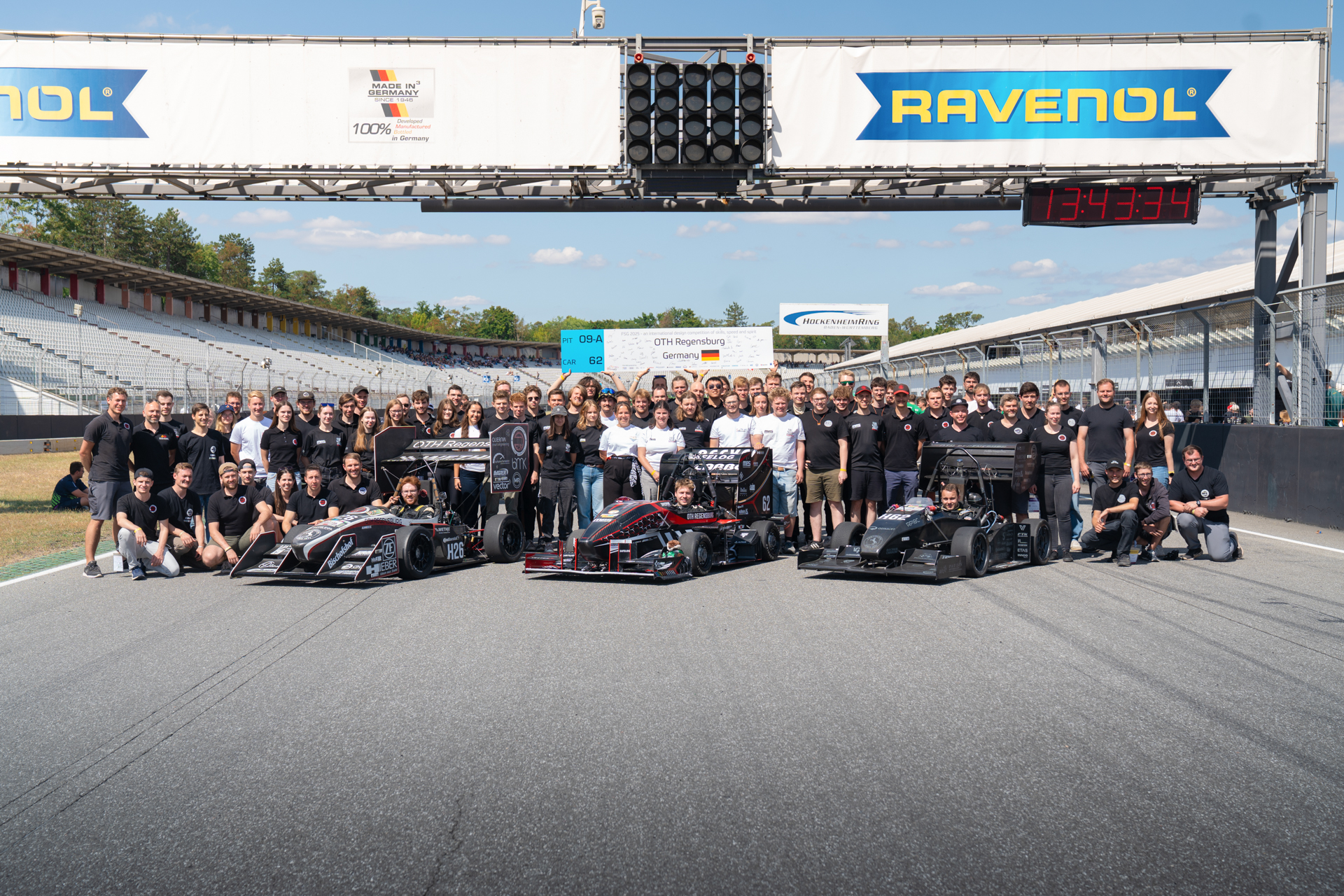 Gruppenbild des Dynamics-Formula Student Teams im Start- und Zielbereich des Hockenheimrings. Im Bild sind außerdem drei Rennboliden zu sehen.